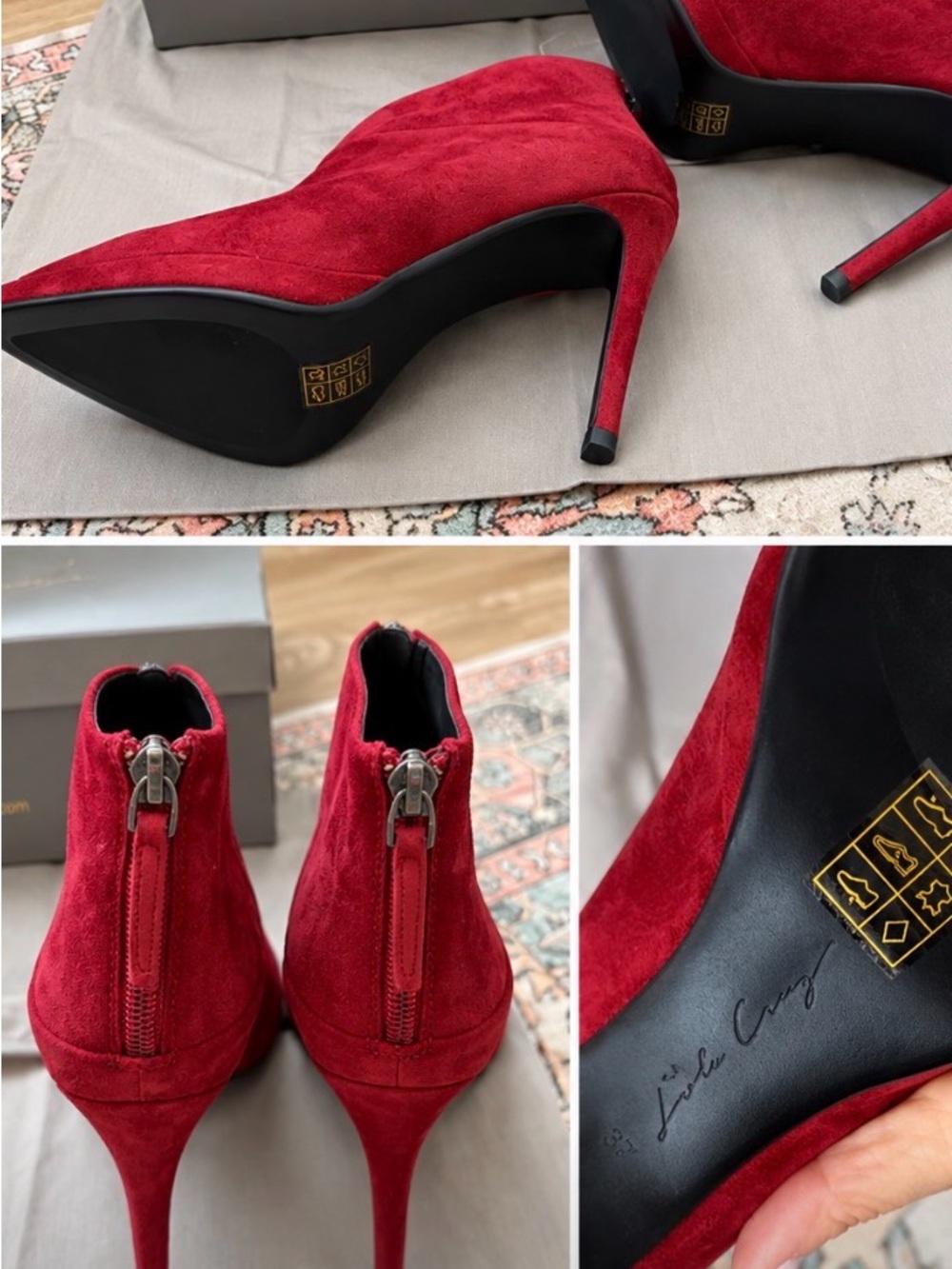 NEW WITH BOX Lola Cruz Red Suede Pointed Toe Stiletto Ankle Booties Size 37 - Picture 4 of 4